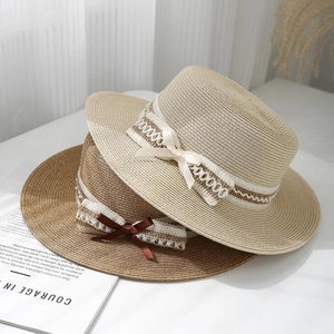 Women Boater Straw Hat Flat Top Sun Protection Beach Travel Summer Elegant Lace Ribbon Bow Accessory