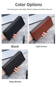 Détail du portefeuille en cuir à motif litchi montrant les options noir et marron