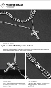 Macro detail of polished stainless steel cross pendant and double layered cuban chains