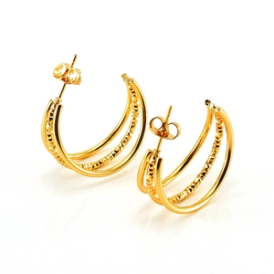 Chic double-layer C-shaped titanium steel hoop earrings in polished gold finish