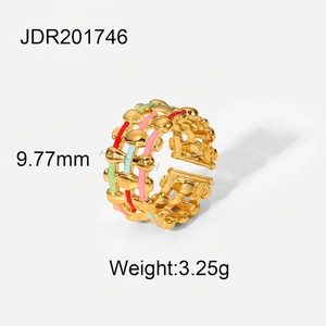Detail of 18K gold plated stainless steel ring with colorful enamel inlay pattern