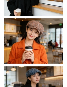 Détail de casquettes gavroche en tweed à carreaux orange et bleu pour le style automne hiver