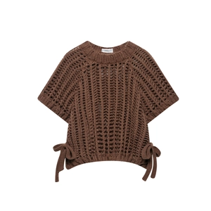 Pull en maille crochetée marron à manches courtes avec col rond et liens latéraux