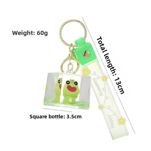 Detail of cute frog oil-filled liquid keychain with dimensions 13cm and 60g weight
