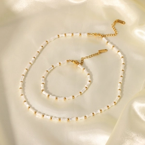 French vintage bamboo shell bead necklace and bracelet set in gold plated stainless steel