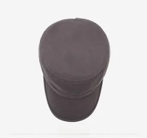 Top view of a charcoal grey cotton cadet cap with flat crown and reinforced stitched brim