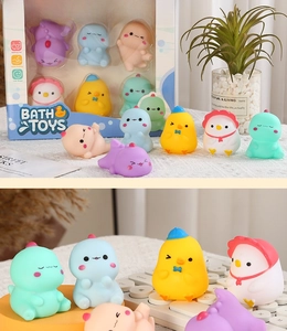 Detail of 6pcs colorful bath toys set featuring squeeze sound dinosaurs and cute animals