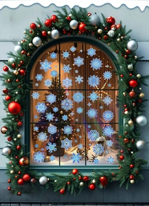 Close-up of blue snowflake window stickers on glass with a festive Christmas wreath background