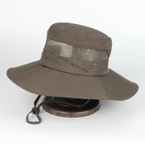 Outdoor sun hat with wide brim, breathable mesh band and adjustable chin strap