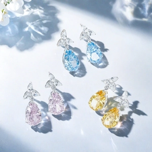 Elegant 925 sterling silver pear-cut drop earrings in pink, blue, and yellow gems