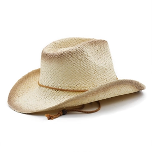 Detail of western straw cowboy hat showing woven texture and brown decorative rope