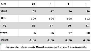 Size chart for bomber jacket and wide-leg suit trousers with waist and length measurements