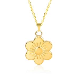 Detailed macro shot of 18k gold plated stainless steel floral pendant with delicate chain