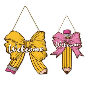 Welcome wooden pencil door signs with yellow bows for classroom back to school decor