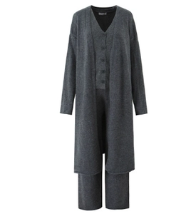 Three-piece dark grey knit set with long cardigan, v-neck vest and wide-leg trousers
