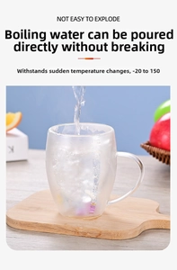 Detail of heat resistant double wall glass cup showing -20 to 150 degrees temperature range