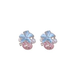 Boucles d'oreilles fleur vintage en émail bleu avec perles et cristaux roses