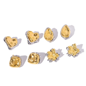 Minimalist two-tone geometric earrings featuring heart, flower, and irregular textures