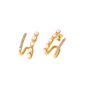 French vintage 18K gold plated double layer earrings with pearls and zircon in u-shape
