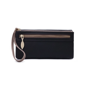 Detail of black lychee grain wallet with double gold leaf zippers and grey strap