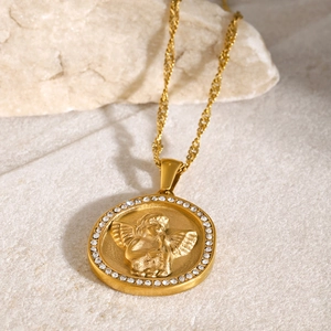 18k gold plated stainless steel necklace with angel relief and sparkling crystal halo