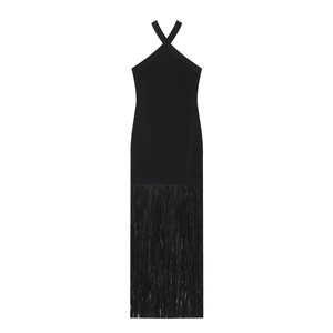 Robe Longue Dos Nu Femmes Polyester Élastique Ourlet À Franges Gland Sans Manches Élégant Moulante Sexy Soirée