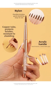 Detail of nail art liner brush featuring nylon bristles, rose gold copper tube and crystal handle