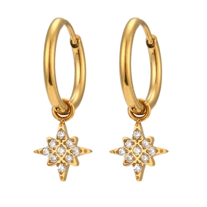 Polished 18K gold plated hoop earrings with sparkling zircon starburst pendants