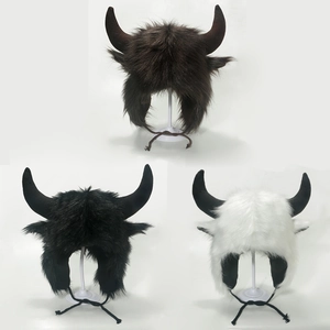 Plush winter hat with novelty horns and earflaps in brown, black and white colors