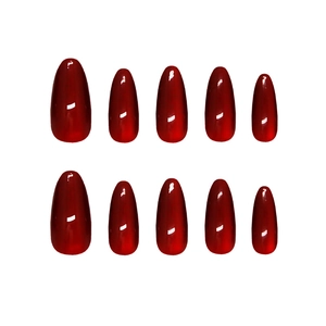 Handmade wine red cat eye press-on nails in elegant almond shape, 10-piece set