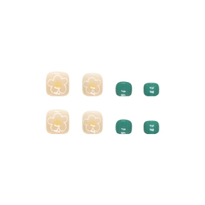 Set of 24 press-on toenails featuring dark green gloss and minimalist white floral patterns