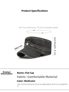Détail du chapeau plat en coton avec taille réglable 55-60cm et broderie étoile AS 1941
