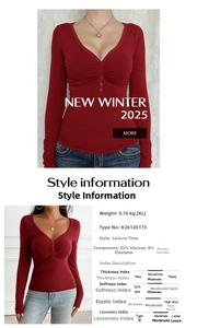 Detail view of wine red V-neck top showing material specs and winter 2025 collection fit