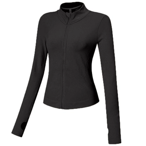 Veste de course noire ajustée avec col montant, fermeture éclair et passe-pouces utiles