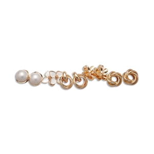Ten-piece gold earring set with faux pearls, enamel flowers, and textured round hoops
