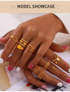 Detailed view of layered gold geometric rings set on fingers with minimalist aesthetics