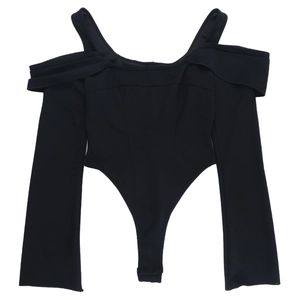 Detail of black long-sleeve bodysuit featuring sexy V-neck and cold shoulder design