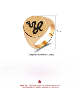 Macro display of golden snake pattern signet ring with detailed product dimensions and specs