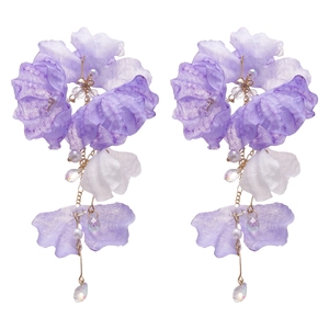 Elegant purple and white fabric flower tassel earrings with crystal center and gold chains