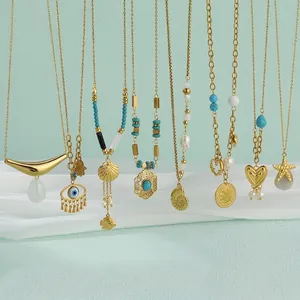 Stainless Steel Necklace Gold Plated Turquoise Shell Artificial Baroque Pearl Retro Bohemian Geometric Jewelry For Women