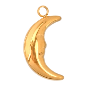 Macro detail of gold celestial crescent moon face charm with polished stainless steel finish