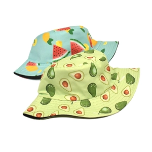 Reversible bucket hat featuring vibrant watermelon and avocado fruit prints for summer sun wear