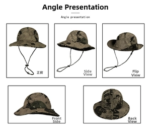 Five-angle view of outdoor camo sun hat with adjustable drawstring and wide brim