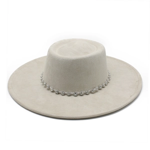 Women Flat Top Wide Brim Boater Hat Suede Polyester Fabric With Rhinestone Chain Vintage Elegant Fedora Jazz Hat