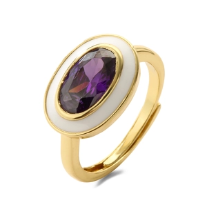 Adjustable gold ring with oval purple gemstone and white enamel detailing for women