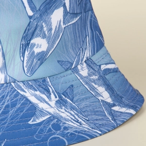 Blue shark print outdoor bucket hat with premium stitch detail for summer sun protection