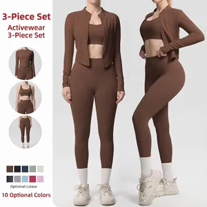 Women Yoga Sports Bra Leggings And Zipper Jacket Brushed Nylon Spandex Breathable Slim Fitness Gym Running Athletic Outfit