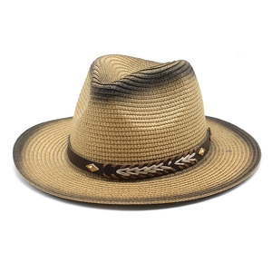 Unisex spray-painted straw fedora hat with gradient finish and studded leather band
