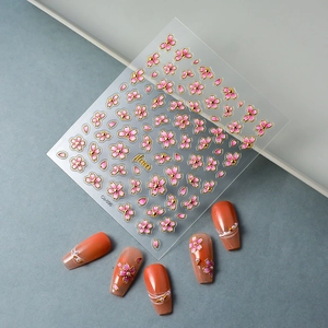 Stickers ongles 5D fleurs de cerisier roses avec bordure dorée et texture 3D