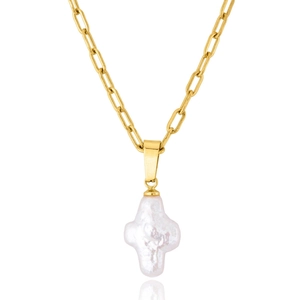 Macro detail of gold paperclip chain necklace with natural baroque pearl cross pendant
